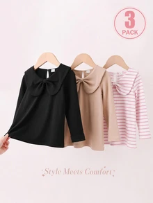 SHEIN 3件組女童針織套頭上衣，甜美風，黑色、卡其色、粉色，蝴蝶結彼得潘領，長袖圓領，休閒款，適合假日、秋季、芭蕾、婚禮賓客，條紋設計 - 彩色 - 查看 2
