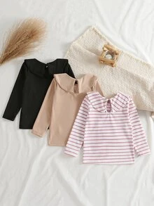 SHEIN 3件組女童針織套頭上衣，甜美風，黑色、卡其色、粉色，蝴蝶結彼得潘領，長袖圓領，休閒款，適合假日、秋季、芭蕾、婚禮賓客，條紋設計 - 彩色 - 查看 3