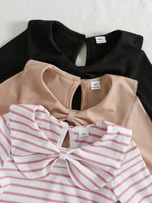 SHEIN 3件組女童針織套頭上衣，甜美風，黑色、卡其色、粉色，蝴蝶結彼得潘領，長袖圓領，休閒款，適合假日、秋季、芭蕾、婚禮賓客，條紋設計 - 彩色 - 查看 12