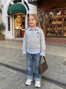 SHEIN Girls' Hoodless Sweatshirt With Heart Design School 7th Birthday Autumn - Grey - View 9