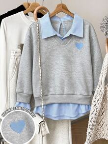 SHEIN Girls' Hoodless Sweatshirt With Heart Design School 7th Birthday Autumn - Grey - View 7