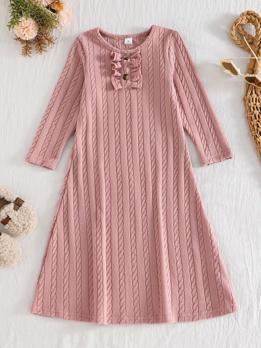 Girls' Comfortable Casual Knitted Cable Ribbed Fitted Round Neck Front Button Ruffle Long Sleeve A-Line Mid-Length Dress Autumn 7th Birthday Baby Blue - Light Grey - View 1