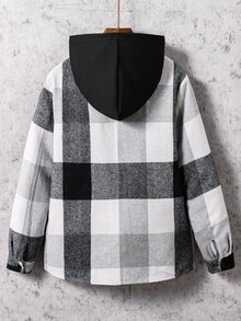 Vacaura 1件青少年男童休闲拉链连帽衫，黑白格子图案，舒适面料，适合春、秋、冬三季穿着。 - 黑色 - 查看 3