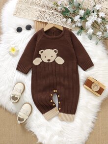 SHEIN Vintaside Kids 中性嬰兒卡其色休閒可愛熊圖案針織連身衣 - 棕色 - 查看 5