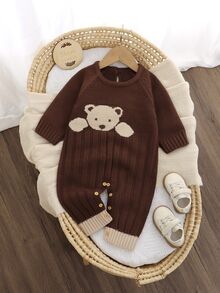 SHEIN Vintaside Kids 中性嬰兒卡其色休閒可愛熊圖案針織連身衣 - 棕色 - 查看 3