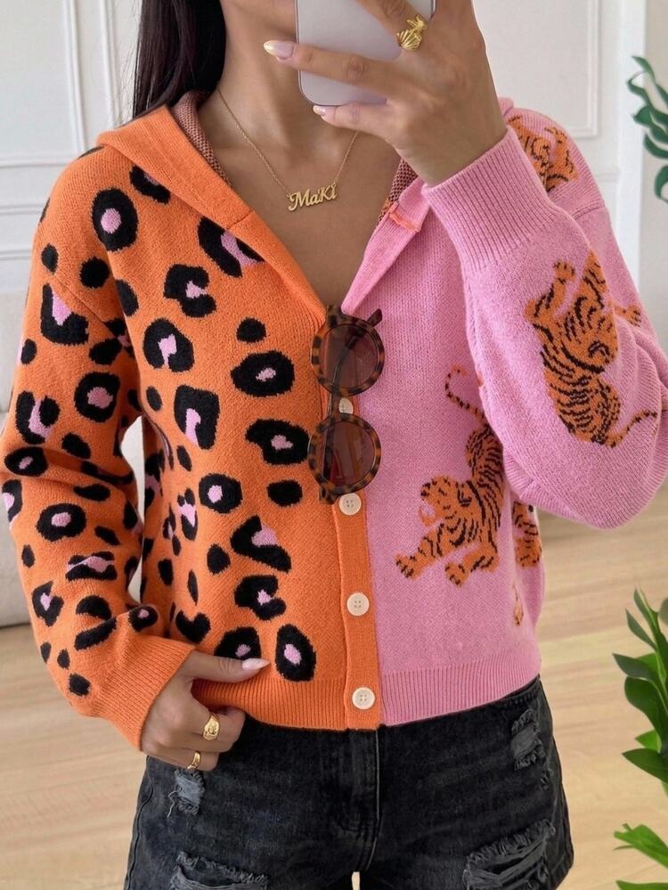 SHEIN Girls (Large) Cardigan With Leopard Print Tiger Pattern And Handmade Bow, Knitted Sweater Long Sleeve Top For Autumn And Winter - Multicolor - View 8