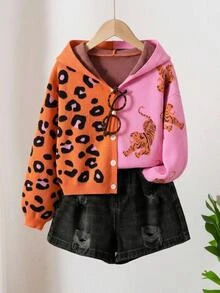 SHEIN Girls (Large) Cardigan With Leopard Print Tiger Pattern And Handmade Bow, Knitted Sweater Long Sleeve Top For Autumn And Winter - Multicolor - View 2