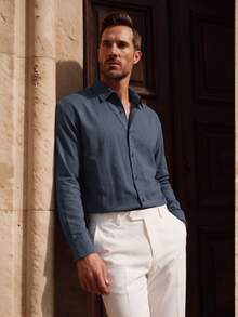 Officeau Men's 100% Cotton Navy Blue Long Sleeve Shirt, For Business Casual/ Commuting, Gift For Father/ Husband - Navy Blue - View 8