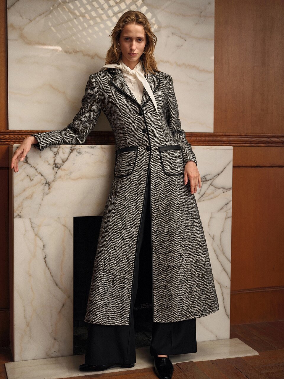 MOTF HERRINGBONE PATTERN CONTRAST PIPING LAPEL COLLAR PATCH POCKET LONGLINE OVERCOAT