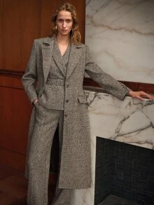 MOTF PREMIUM WOMEN'S AUTUMN/WINTER LAPEL HERRINGBONE SEQUIN WAIST-CINCHING SINGLE-BREASTED WOOL OVERCOAT - Brown - View 2