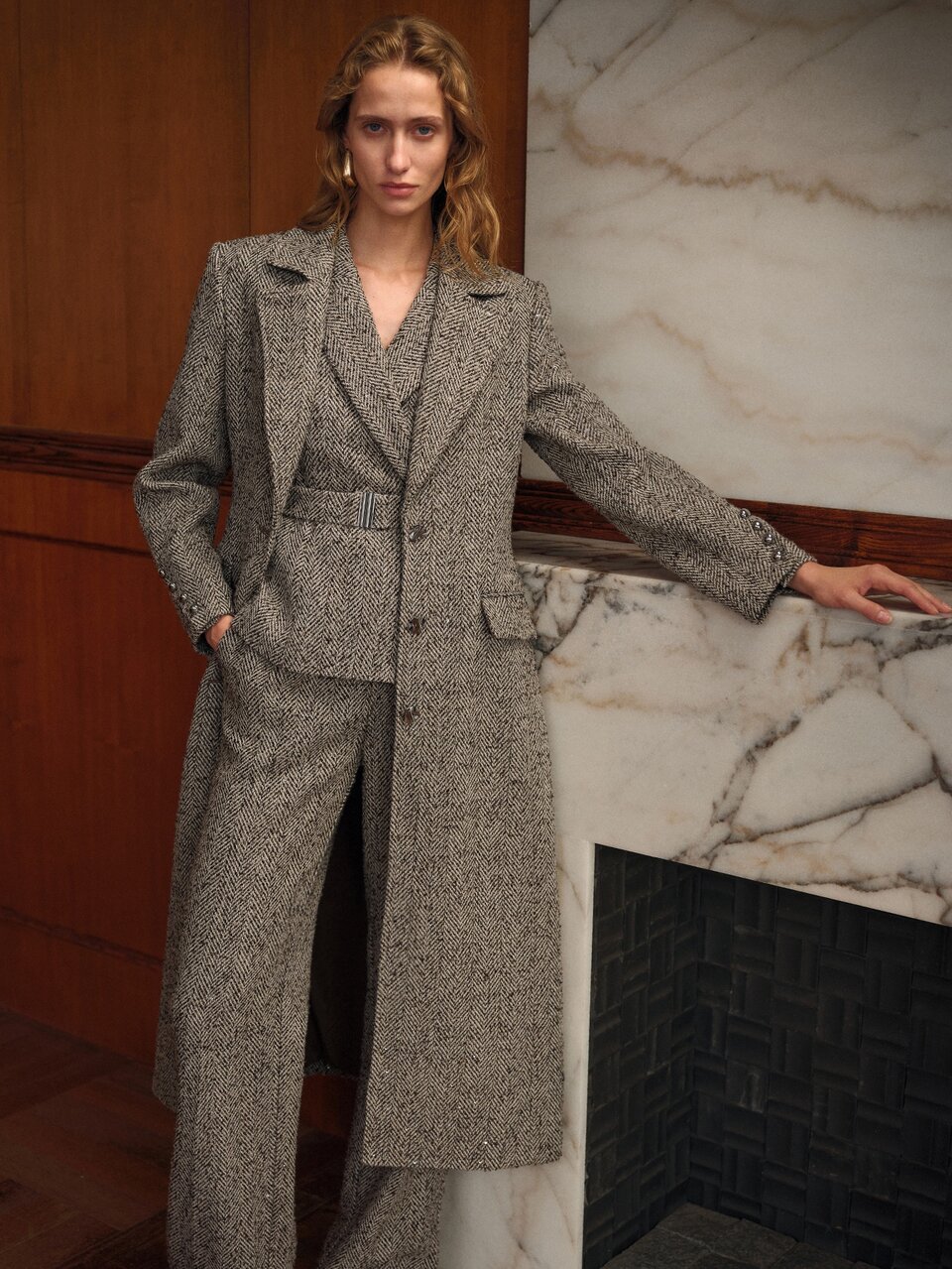 MOTF WOMEN'S AUTUMN/WINTER LAPEL HERRINGBONE SEQUIN WAIST-CINCHING SINGLE-BREASTED WOOL OVERCOAT