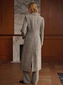 MOTF PREMIUM WOMEN'S AUTUMN/WINTER LAPEL HERRINGBONE SEQUIN WAIST-CINCHING SINGLE-BREASTED WOOL OVERCOAT - Brown - View 4