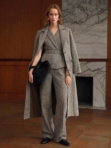 MOTF PREMIUM WOMEN'S AUTUMN/WINTER LAPEL HERRINGBONE SEQUIN WAIST-CINCHING SINGLE-BREASTED WOOL OVERCOAT - Brown - View 3