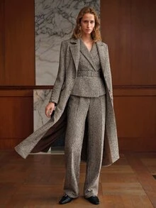 MOTF PREMIUM WOMEN'S AUTUMN/WINTER LAPEL HERRINGBONE SEQUIN WAIST-CINCHING SINGLE-BREASTED WOOL OVERCOAT - Brown - View 6