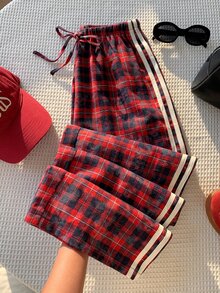Comfortcana 女款休閒寬鬆抽繩格紋運動長褲 - 紅色 - 查看 7