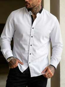 Manfinity Mode Manfinity Plus Size Men's Long-Sleeve Shirt, Suitable For Office Business Casual And Formal Occasions. - White - View 1