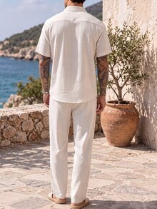 Manfinity CasualCool 2026 Spring Summer Beige Striped Linen Matching Set For Men Breathable Slub Linen Short Sleeve Shirt - White - View 2