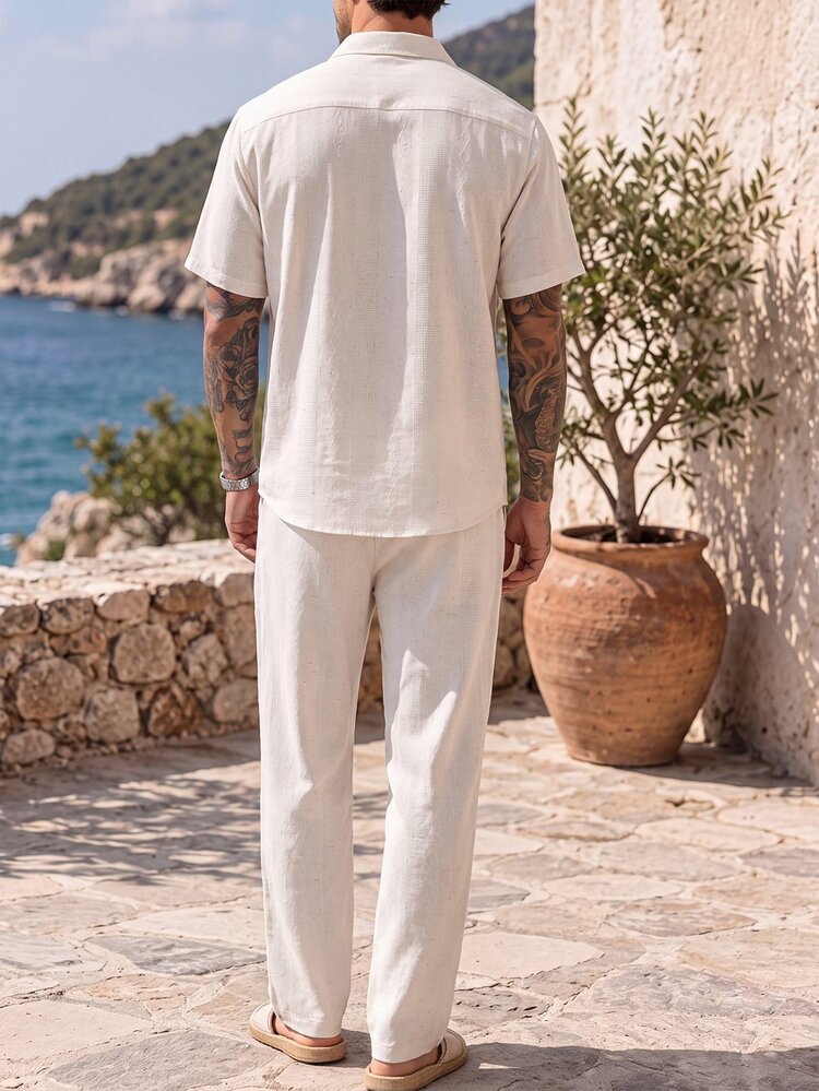 Manfinity CasualCool 2026 Spring Summer Beige Striped Linen Matching Set For Men Breathable Slub Linen Short Sleeve Shirt - White - View 2