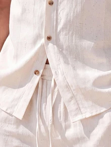 Manfinity CasualCool 2026 Spring Summer Beige Striped Linen Matching Set For Men Breathable Slub Linen Short Sleeve Shirt - White - View 3