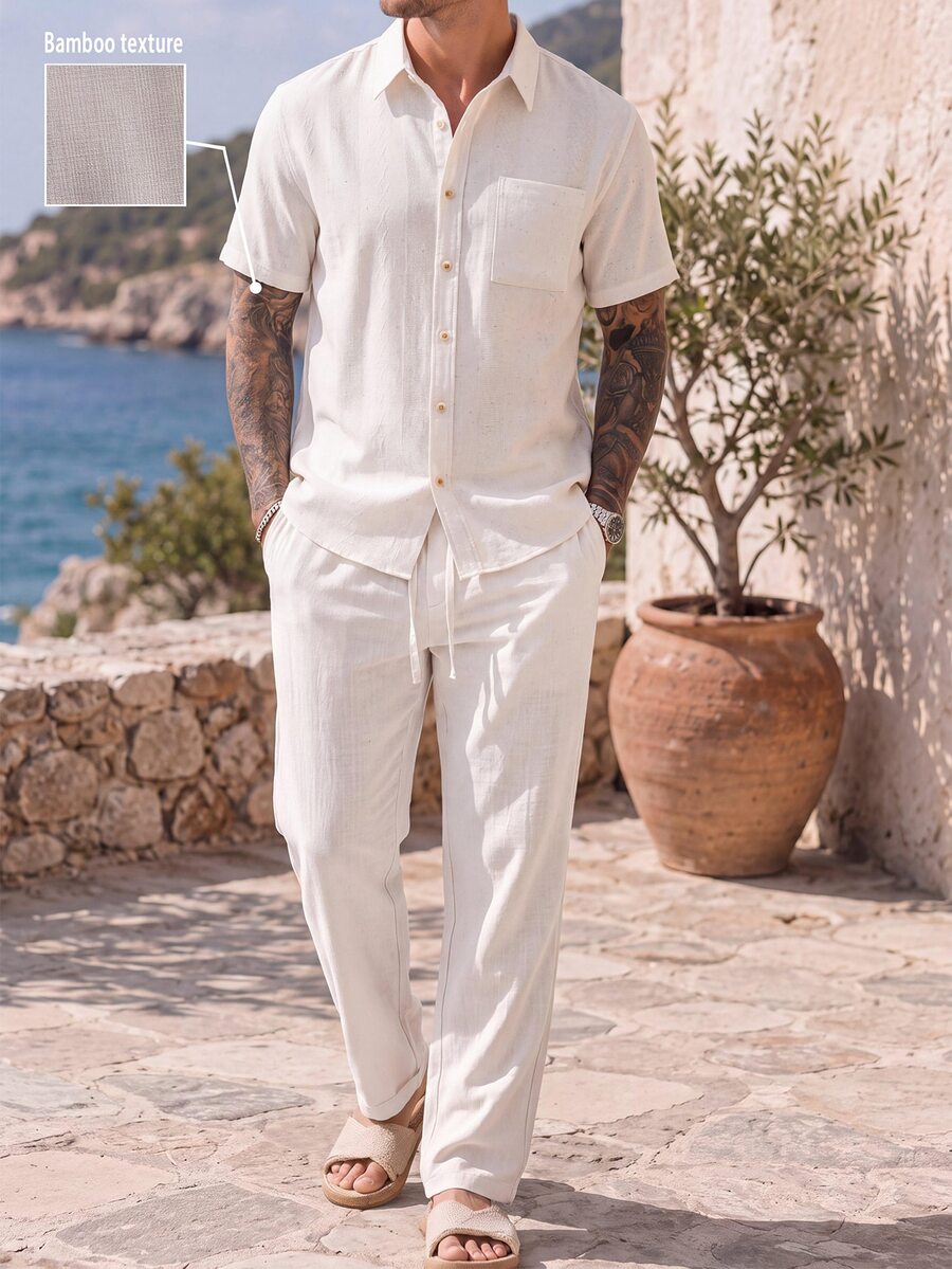 Manfinity CasualCool 2026 Spring Summer Beige Striped Linen Matching Set For Men Breathable Slub Linen Short Sleeve Shirt - White - View 1
