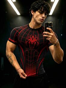 GymBeat Men's Spider Print Raglan Short Sleeve Sports Athletic Athleisure T-Shirt Halloween Workout Gym Black Summer - Multicolor - View 3