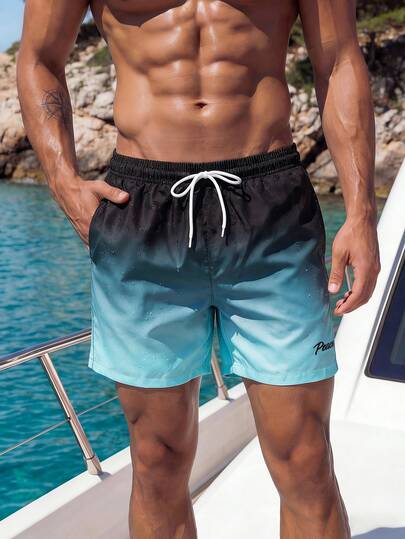 Manfinity Swimmode Pantalones cortos de playa para hombre de talla grande con estampado de letras, bolsillo y cintura con cordón