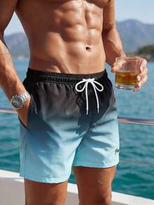 Manfinity Swimmode Men's Plus Size Letter Print Pocket Drawstring Waist Beach Shorts Holiday / Vacation / Beach / Hawaii / Tropical / Swim /  Bathing - Navy Blue - View 5