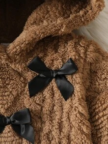 Souflis 2pcs Sweet Cute Child-Like Style Autumn/Winter Plush New Set, Black Bow Knot Decoration, Brown Round Neck Long Sleeve Hooded Sweatshirt Style, Black Patchwork Brown Plush Long Pants, Suitable For Daily Wear Or Outdoor Play Toddler Clothes With Bow - Brown - View 7