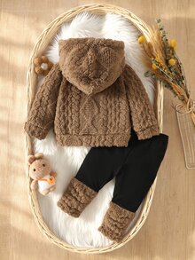 Souflis 2pcs Sweet Cute Child-Like Style Autumn/Winter Plush New Set, Black Bow Knot Decoration, Brown Round Neck Long Sleeve Hooded Sweatshirt Style, Black Patchwork Brown Plush Long Pants, Suitable For Daily Wear Or Outdoor Play Toddler Clothes With Bow - Brown - View 5
