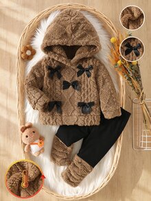 Souflis 2pcs Sweet Cute Child-Like Style Autumn/Winter Plush New Set, Black Bow Knot Decoration, Brown Round Neck Long Sleeve Hooded Sweatshirt Style, Black Patchwork Brown Plush Long Pants, Suitable For Daily Wear Or Outdoor Play Toddler Clothes With Bow - Brown - View 3