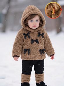 Souflis 2pcs Sweet Cute Child-Like Style Autumn/Winter Plush New Set, Black Bow Knot Decoration, Brown Round Neck Long Sleeve Hooded Sweatshirt Style, Black Patchwork Brown Plush Long Pants, Suitable For Daily Wear Or Outdoor Play Toddler Clothes With Bow - Brown - View 4