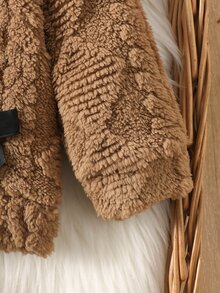 Souflis 2pcs Sweet Cute Child-Like Style Autumn/Winter Plush New Set, Black Bow Knot Decoration, Brown Round Neck Long Sleeve Hooded Sweatshirt Style, Black Patchwork Brown Plush Long Pants, Suitable For Daily Wear Or Outdoor Play Toddler Clothes With Bow - Brown - View 8