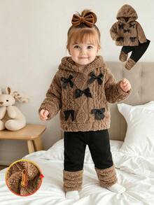 Souflis 2pcs Sweet Cute Child-Like Style Autumn/Winter Plush New Set, Black Bow Knot Decoration, Brown Round Neck Long Sleeve Hooded Sweatshirt Style, Black Patchwork Brown Plush Long Pants, Suitable For Daily Wear Or Outdoor Play Toddler Clothes With Bow - Brown - View 2