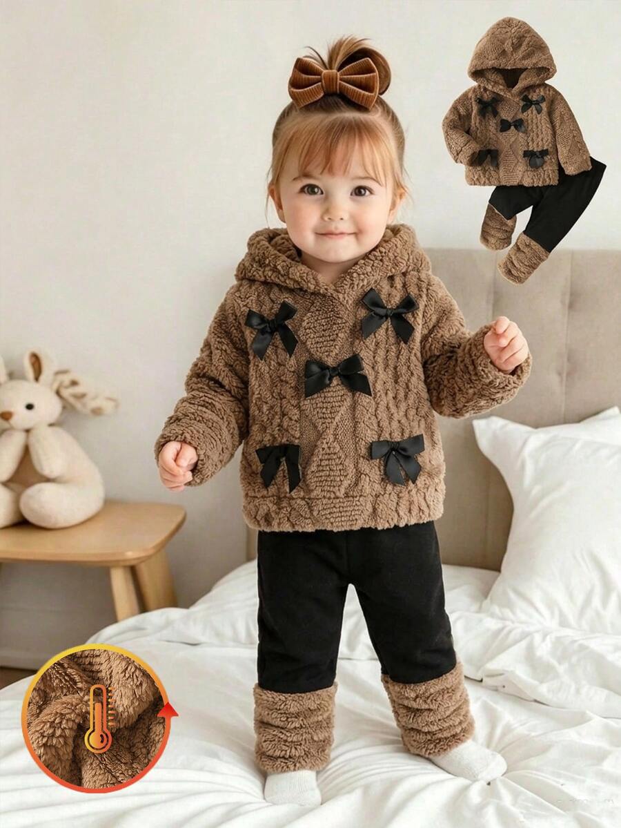 Souflis 2pcs Sweet Cute Child-Like Style Autumn/Winter Plush New Set, Black Bow Knot Decoration, Brown Round Neck Long Sleeve Hooded Sweatshirt Style, Black Patchwork Brown Plush Long Pants, Suitable For Daily Wear Or Outdoor Play Toddler Clothes With Bow