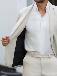 Manfinity Mode 男士純色休閒商務西裝套裝，適合日常通勤穿著，也是送給男友和丈夫的理想禮物，正式、老錢風 - 杏色 - 查看 7
