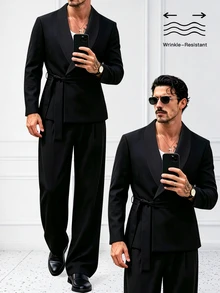 HUEFORM Men's Old Money Black Casual Wrinkle-Resistant Lace-Up Waist-Cinching Blazer And Wide-Leg Suit Pants Set,Suitable For Creating Layered Outfit For Men - Black - View 5