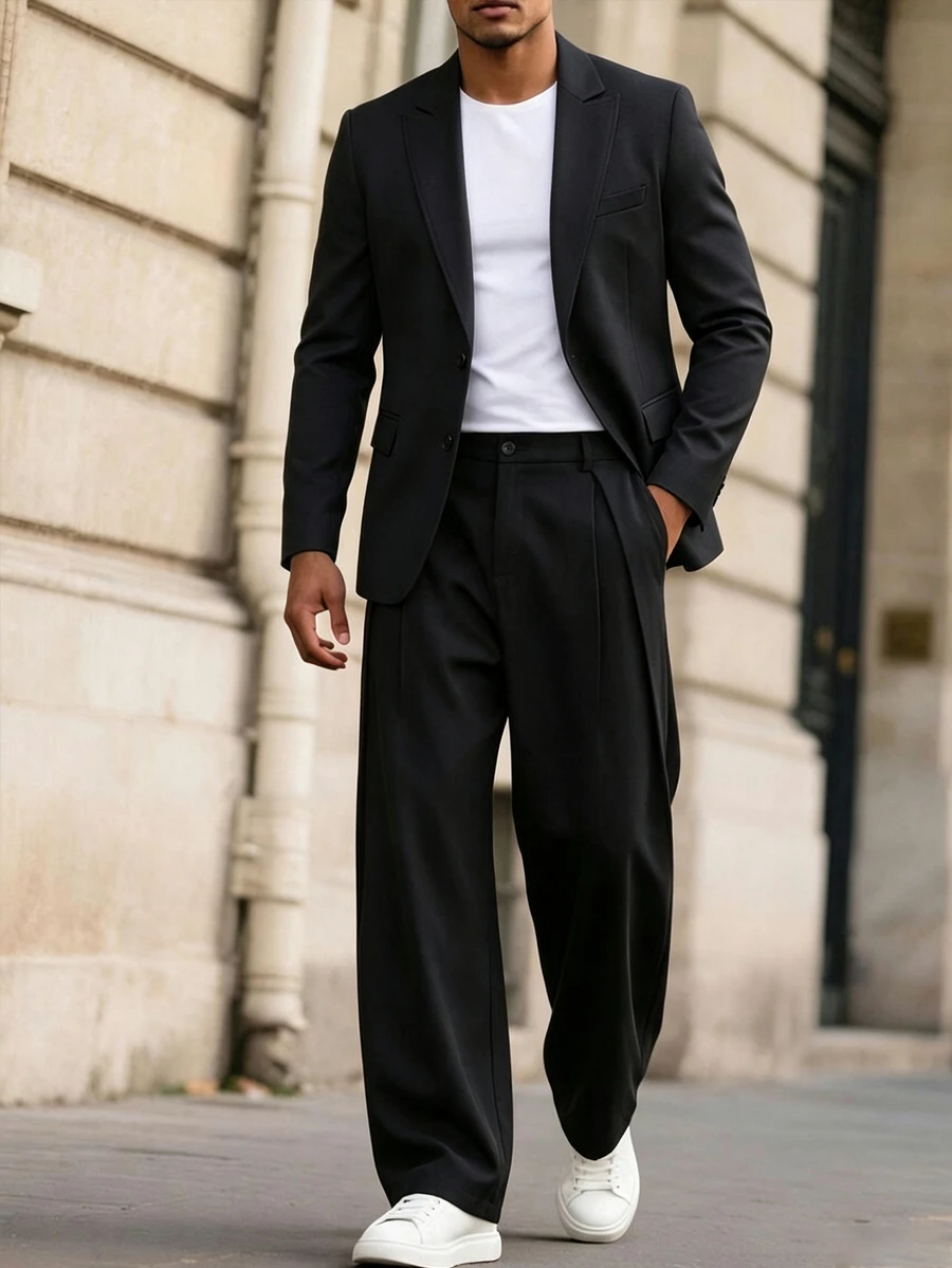 Manfinity Mode Men's Black Fashion Classic Versatile 2-Button Loose Fit Minimalist Premium Drape Comfortable Casual Commute Home Daily Suit Set - Black - View 1
