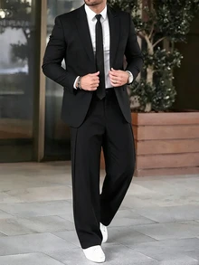Manfinity Mode Men's Black Fashion Classic Versatile 2-Button Loose Fit Minimalist Premium Drape Comfortable Casual Commute Home Daily Suit Set - Black - View 5