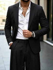 Manfinity Mode Men's Black Fashion Classic Versatile 2-Button Loose Fit Minimalist Premium Drape Comfortable Casual Commute Home Daily Suit Set - Black - View 6