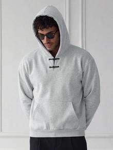 HUEFORM Men's Chinese-Style Frog Closures Hoodie Grey, Loose-Fitting Design Featuring ,Fleece-Lined Fabric For Warmth; Versatile For Any Outing For Winter - Grey - View 6