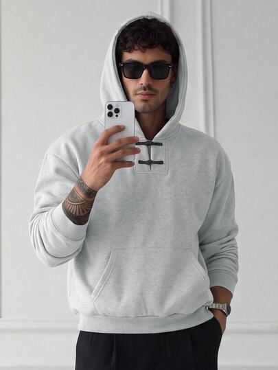 HUEFORM Men's Chinese-Style Frog Closures Hoodie Grey, Loose-Fitting Design Featuring ,Fleece-Lined Fabric For Warmth; Versatile For Any Outing For Winter
