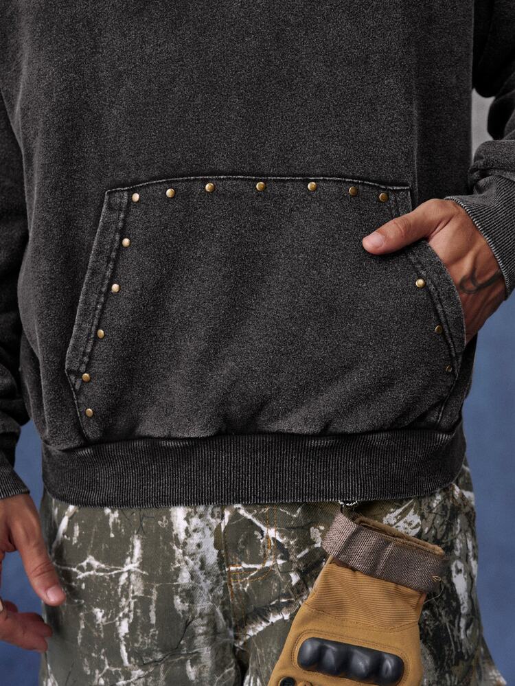 PAVTROS Hoodie Pria Kasual dengan Dekorasi Manik-Manik dan Motif Cuci - Hitam - View 7