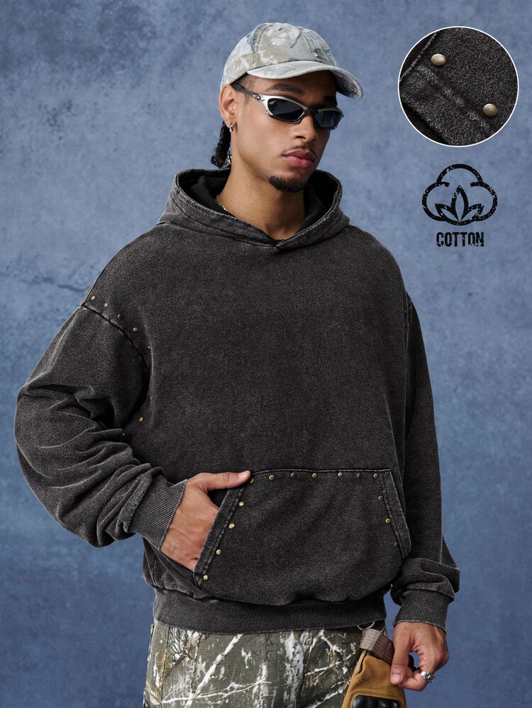 PAVTROS Hoodie Pria Kasual dengan Dekorasi Manik-Manik dan Motif Cuci - Hitam - View 3