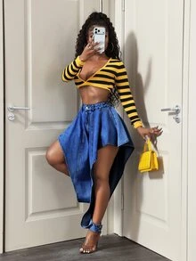 Slaydiva 休閒外出女款不對稱鏤空設計性感牛仔褲 - 藍色 - 查看 4