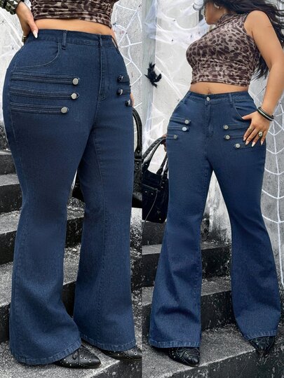 Jeanoix Y2K 90s Casual Plus Size Women's Stretch Denim Flare Pants With Napoleon Design Elements Millennium Style Cowboy Outfits Halloween Date Night Evening