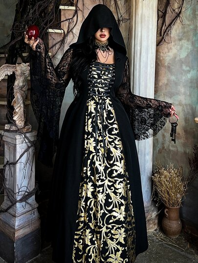 Lyrianda Elegant Medieval Vintage Queen Cosplay Plus Size Dress, Cinched Waist Square Neck Tie-Up A-Line Voluminous Extra Long Princess Dress, Long Sleeve Black & Gold Contrast Puff Sleeve All-Season Halloween Plus Size Women's Dress