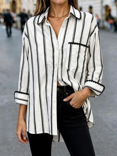 RosyDaze Black And White Striped Striped Single-Breasted Dropped Shoulder Sleeve Pocket Casual French Shirt Brunch Summer