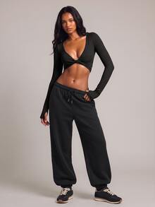YARNWELL Women's Thermal Lined Autumn/Winter Versatile Fashion Drawstring Long Casual Vacation Daily Jogger Sweatpants - Black - View 10