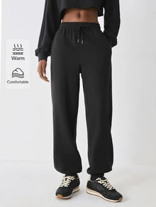 YARNWELL Women's Thermal Lined Autumn/Winter Versatile Fashion Drawstring Long Casual Vacation Daily Jogger Sweatpants - Black - View 5