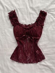 Attitoon Frill Trim Knot Front Lace Top - Burgundy - View 3